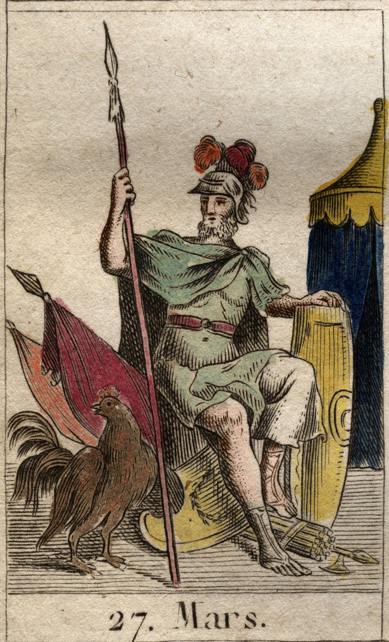 Representasjon av krigsguden Mars, våpen, nær en hane. (Krigsguden Mars bevæpnet med en stud). Fra "Mythology of Youth" av Pierre Blanchard 1803. av French School