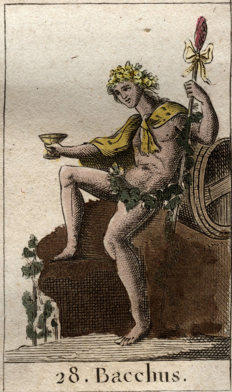 Representasjon av guden for vin og høsting Bacchus, med en kopp i hånden. (Guden for vin og druehøst Bacchus med en kopp vin). Fra "Mythology of Youth" av Pierre Blanchard 1803. av French School