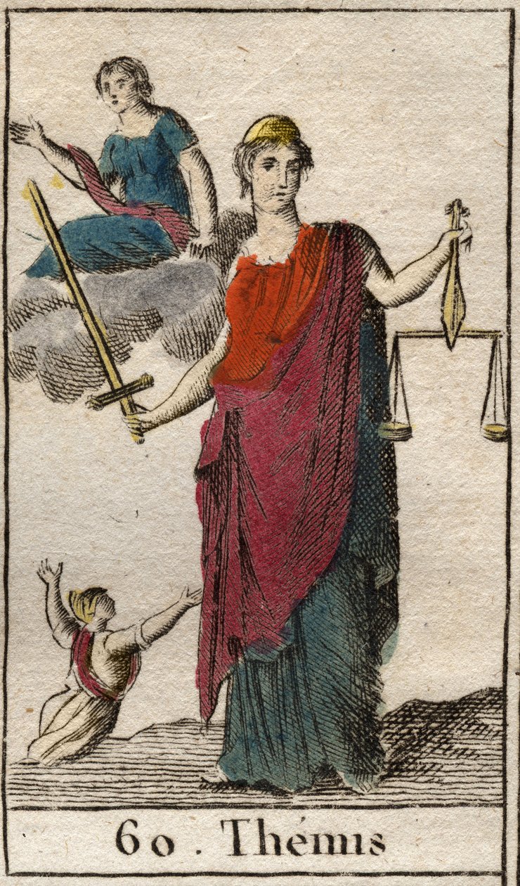 Representasjon av gudinnen for rettferdighet og loven, Themis, holder hun en balanse og et sverd. (Representasjon av Themis, gudinnen for rettferdighet og lov, hun har bind for øynene og holder en balanse og et sverd). Fra "Mythology of Youth" av Pierre Bl av French School