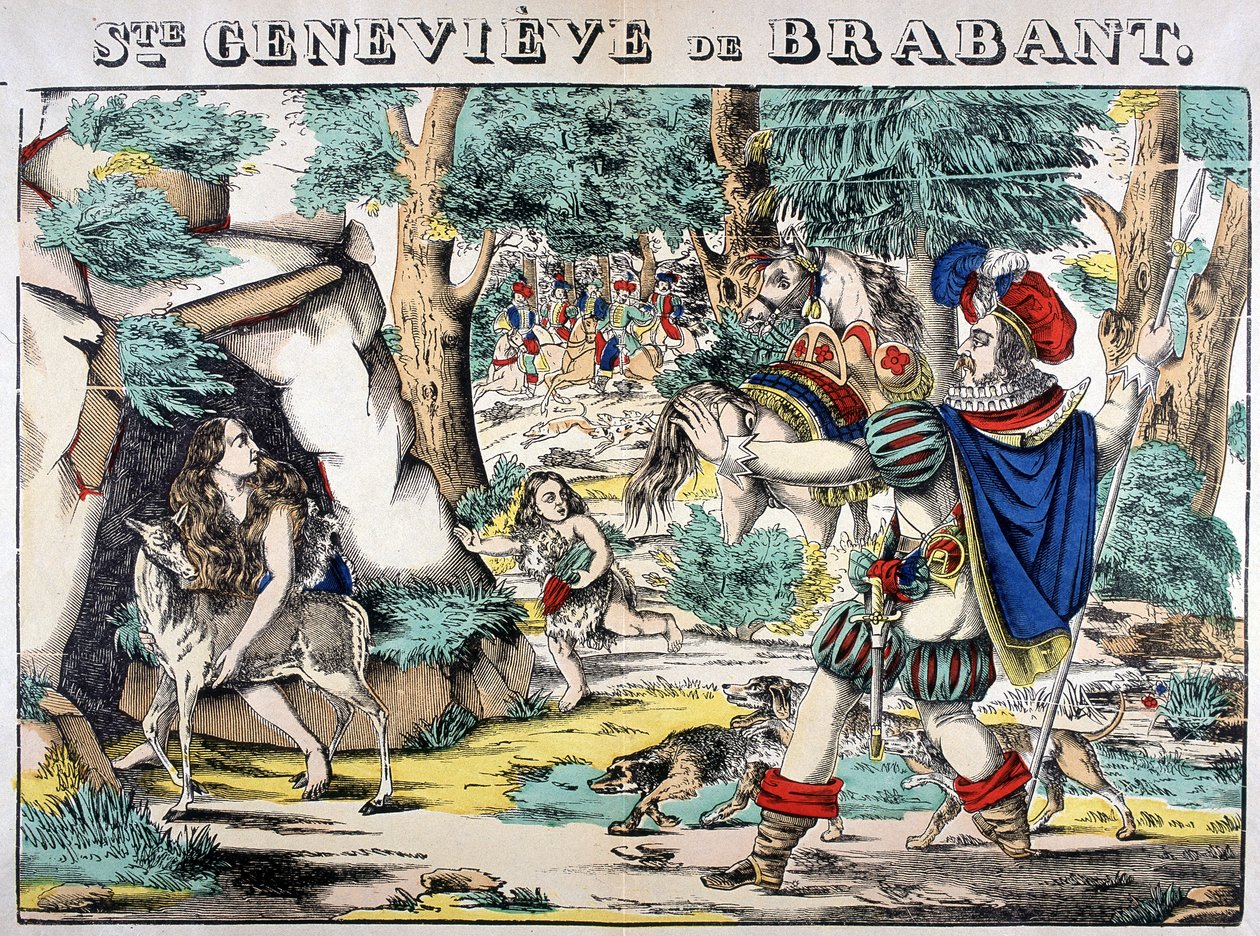 Representasjon av legenden om Saint Genevieve av Brabant. Scene av møtet mellom Genevieve forlatt i skogen og mannen hennes. Bilde av Epinal av French School