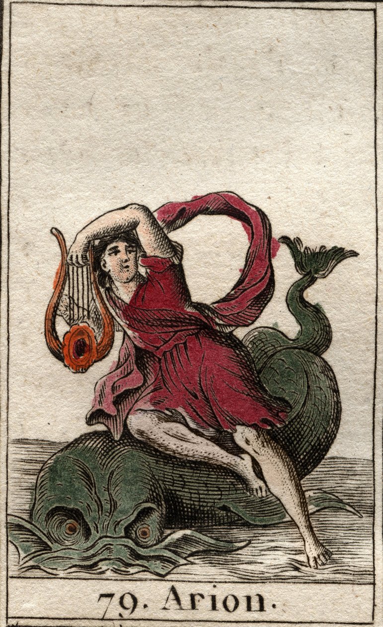 Representasjon av den legendariske greske poeten Arion de Methymne, sjarmøren av delfiner ved hans cithare (Representasjon av Arion, gresk poet som sjarmerer delfinene ved å spille kithara). Fra "Mythology of Youth" av Pierre Blanchard 1803. av French School