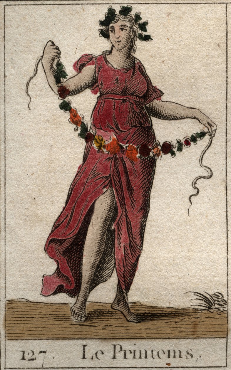 Representasjon av vårsesongen under linjene til Flora som holder en krans av blomster. (Våren representert som Flora som holder en blomsterkrans). Fra "Mythology of Youth" av Pierre Blanchard 1803. av French School