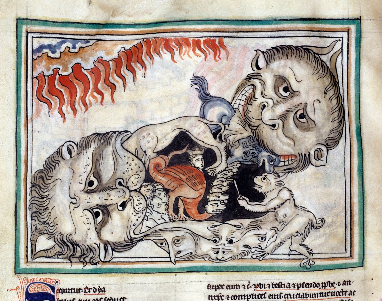 Representasjoner av skapningene i underverdenen som slår den jævla miniatyren hentet fra "The Apocalypse of Cambrai"" belyst av den franske skolen på 1200-tallet. Frk. 422. Kommunebibliotek, Cambrai av French School