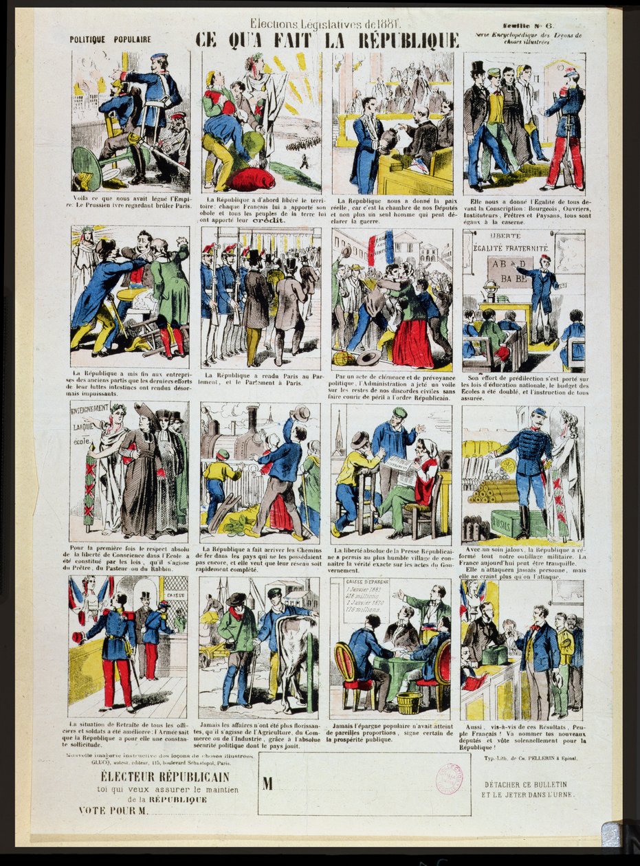 Republikansk propaganda til støtte for stiftelsen av Den tredje republikk, ca. 1881 (se også 162979 og 162980) av French School