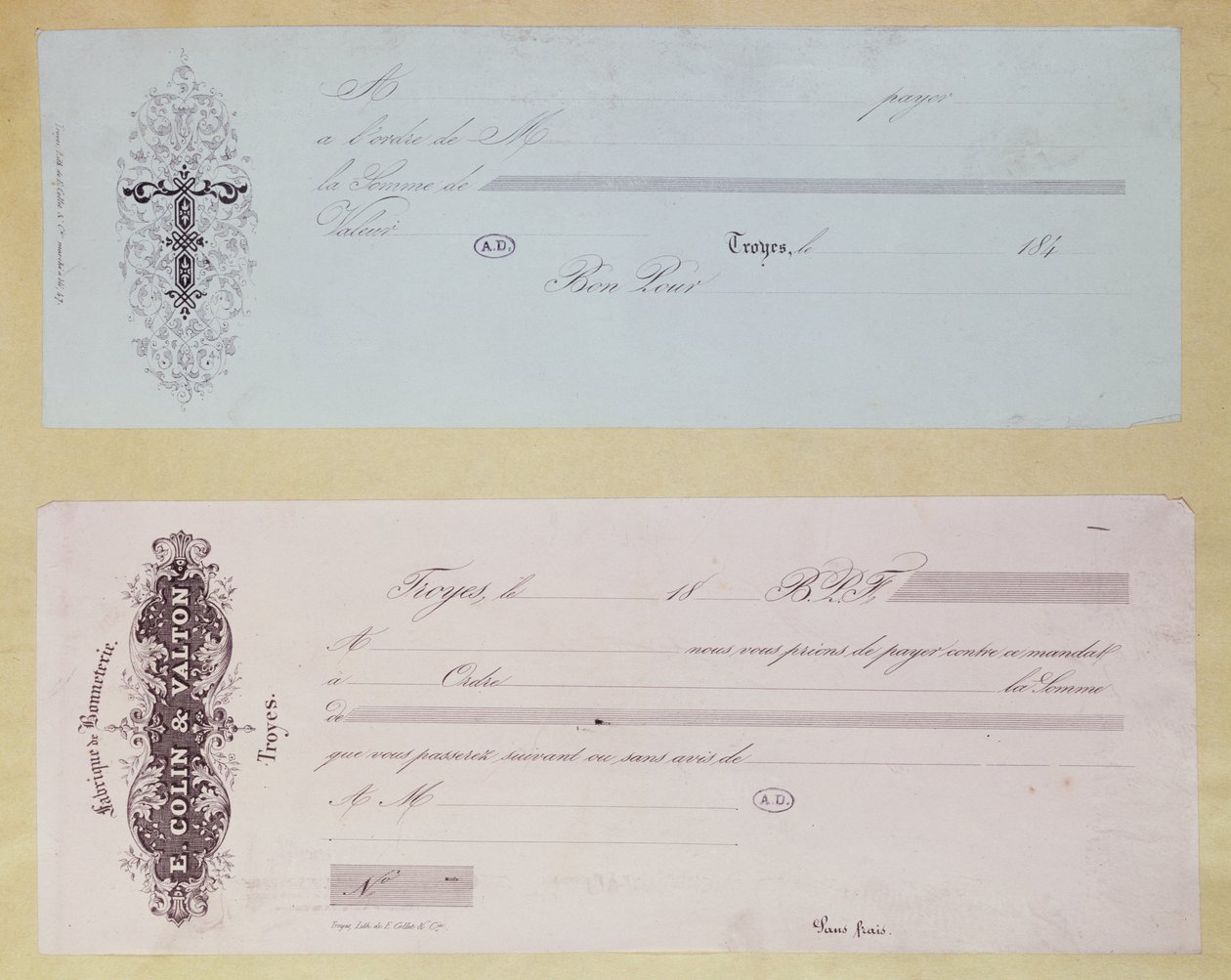 Forespørsler om å betale, utstedt i Troyes på 1840-tallet av French School