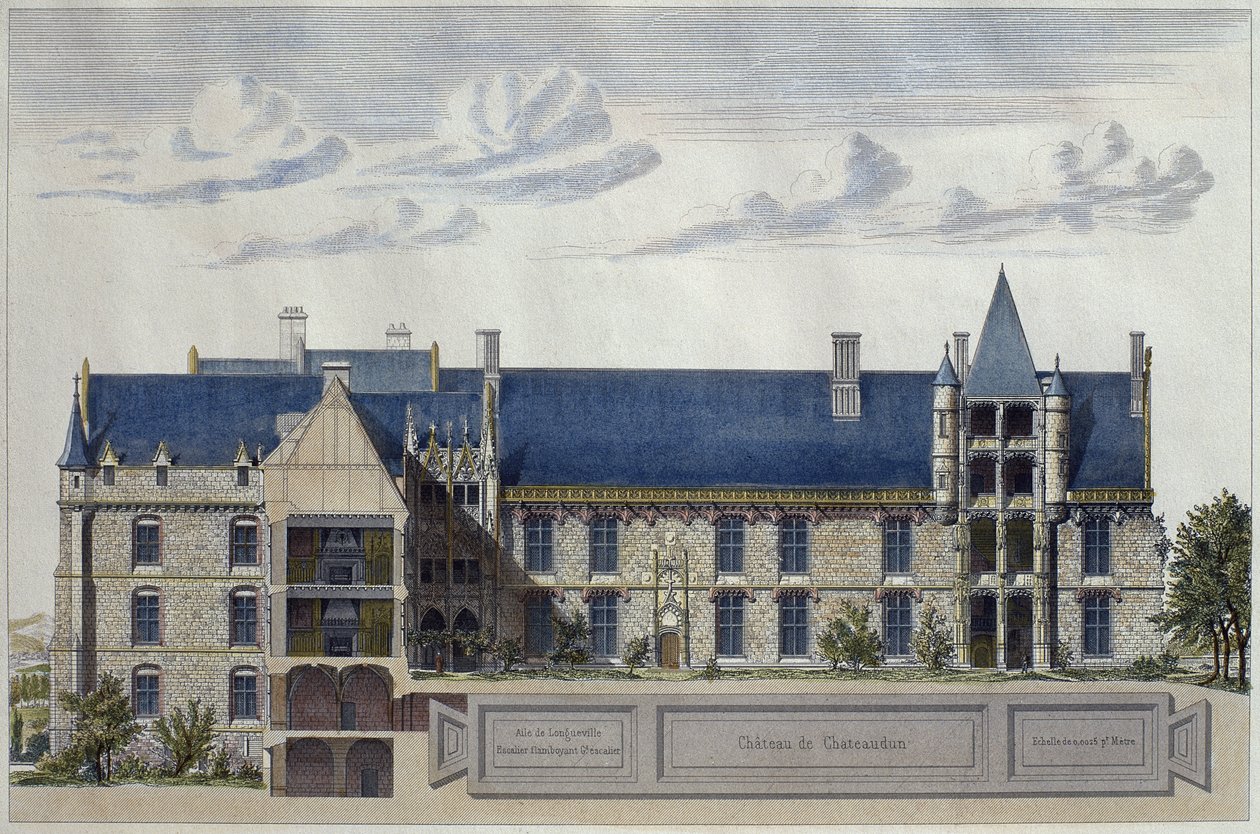 Restaurering av Chateau de Chateaudun, illustrasjon fra Le Moniteur des architectes, gravert av H. Penel (fargegravering) av French School