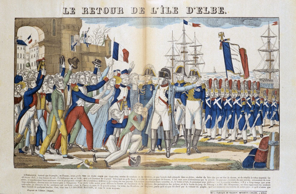 Retur av Napoleon Bonaparte (1769-1821) fra hans eksil til Elba Island i 1815. Bilde av Epinal av French School
