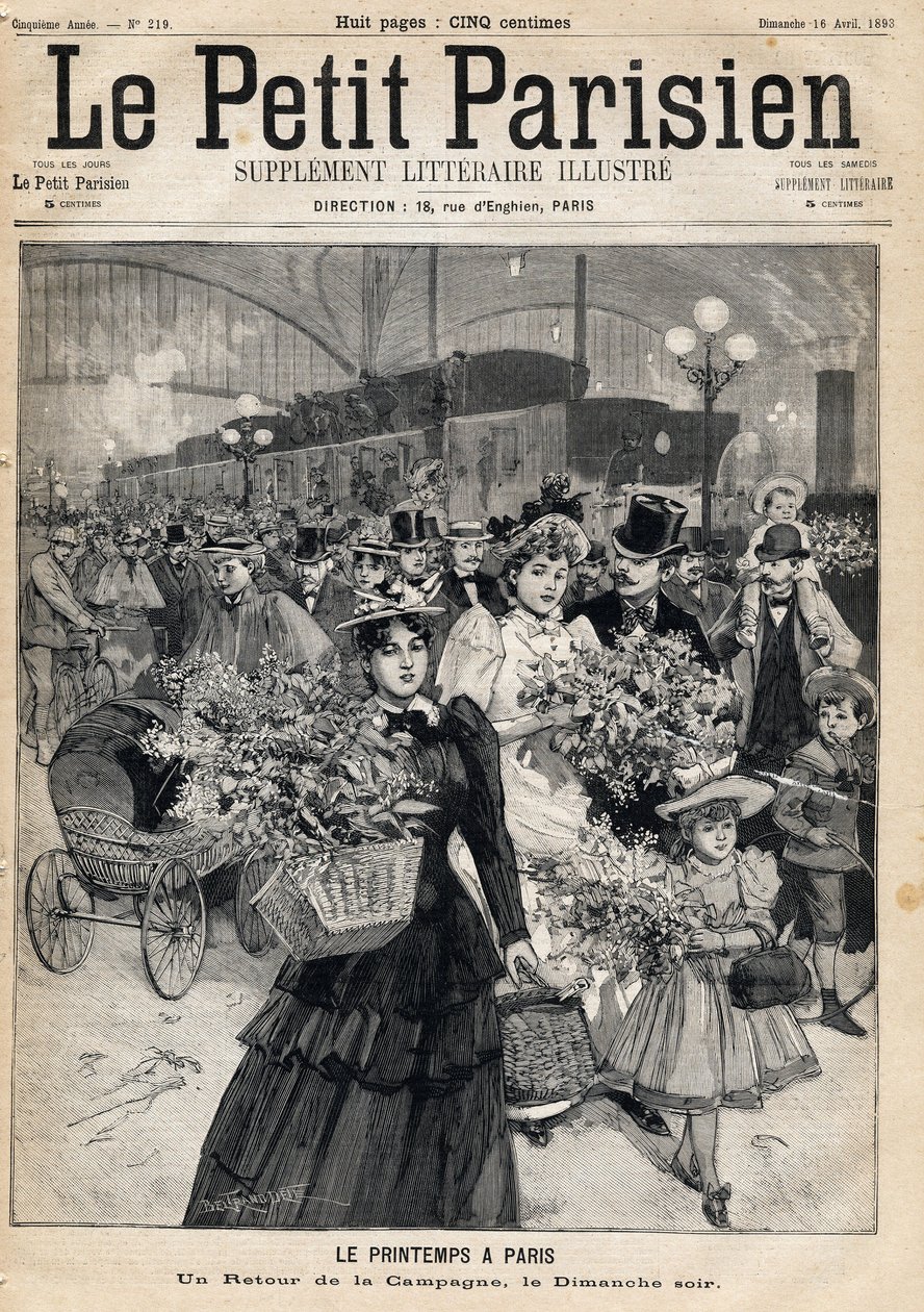 Returning from the countryside on a spring Sunday evening: travellers leave the trains of a Paris station after walking along the banks of Marne or the banks of the Seine. Spring in Paris One of the newspaper " Le petit Parisien”” on 16/04/1893 (engraving) av French School