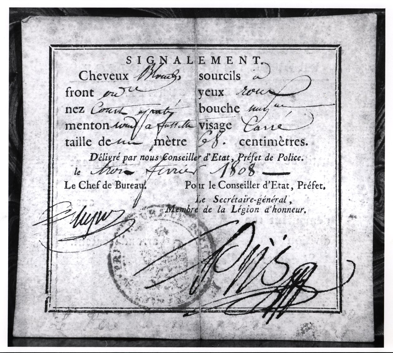 Baksiden av et sikkerhetskort, 1808 (penn og blekk på papir) av French School