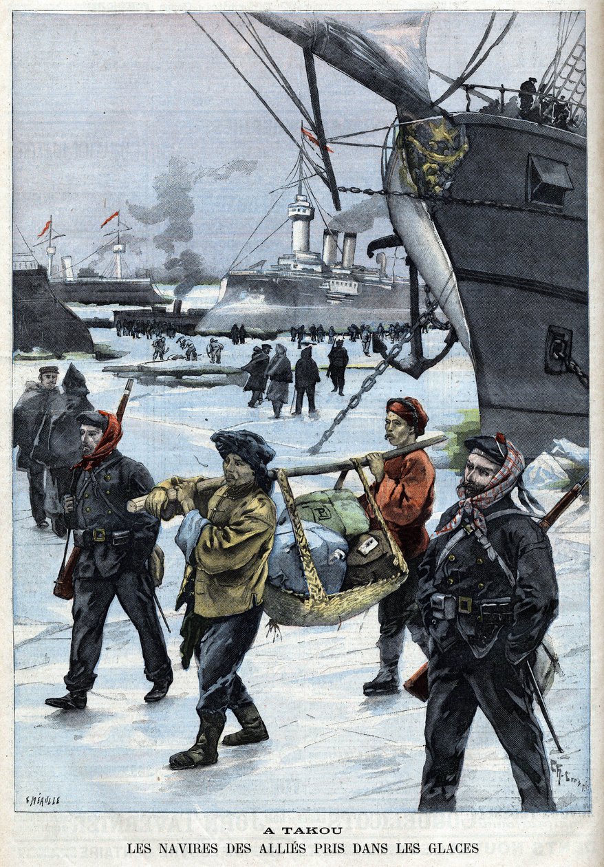 Revolt des Boxers (1898-1900) the ships of the allies in the ice Atakou. in “” Le Petite Parisien”” av French School