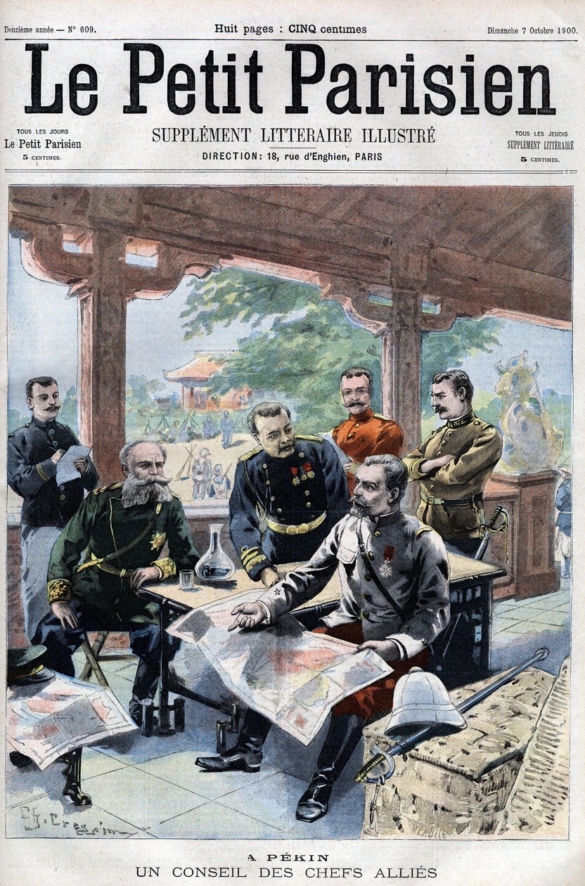 Revolt des Boxers: Un conseil des chefs alllied (fransk, russisk, amerikansk, engelsk, japansk) (ALLIERT COUNCIL OF WAR) - i «Le Petit Parisien» av French School