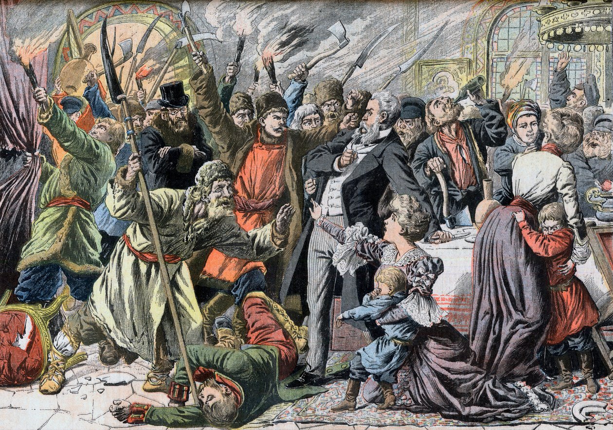 Revolution of 1905 - Opprørske russiske bønder som invaderer et landsted. Jacquerie i de russiske provinsene. Invasjon av et slott av russiske bønder gjør opprør. Illustrasjon for Le petit Journal, 2. april 1905. av French School