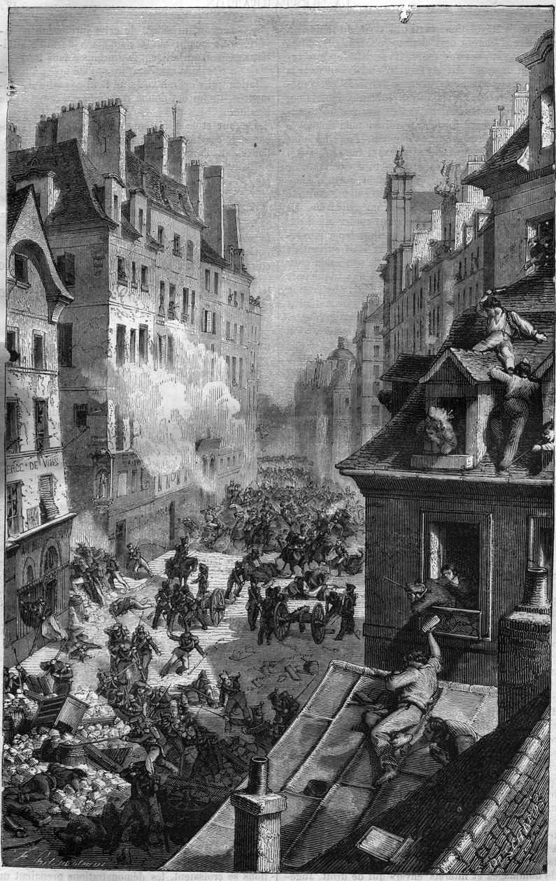 Revolution of 1830: fight in the faubourg Saint Antoine. Engraving in “Histoire des Papes-Rois-Queen and Empereurs a travers les centuries”” by Maurice Lachatre av French School