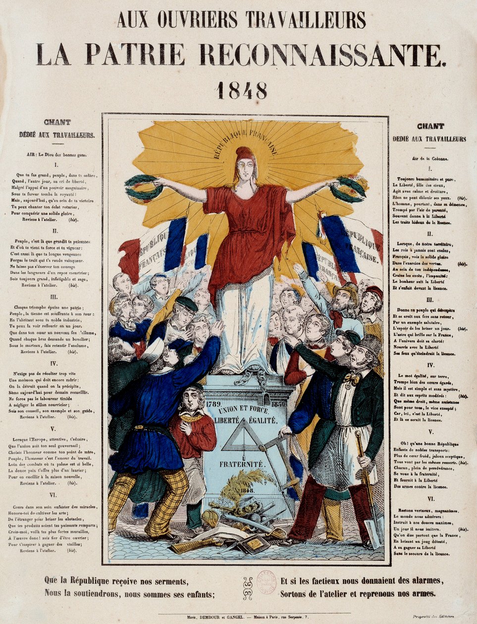 Revolusjonen i 1848 og fødselen av den andre republikken: manifest og sang med tittelen "Til arbeidere, det takknemlige hjemlandet", Republique blir møtt av arbeiderne. 1848 Paris, Musee Carnavalet av French School