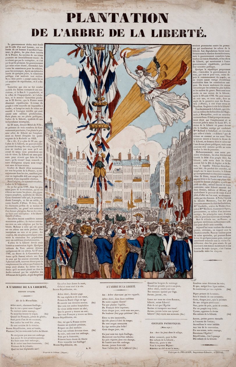 1848-revolusjonen: plantasjen av Frihetens tre 25. mars 1848. Gravering av Paris 1848, Musee Carnavalet av French School