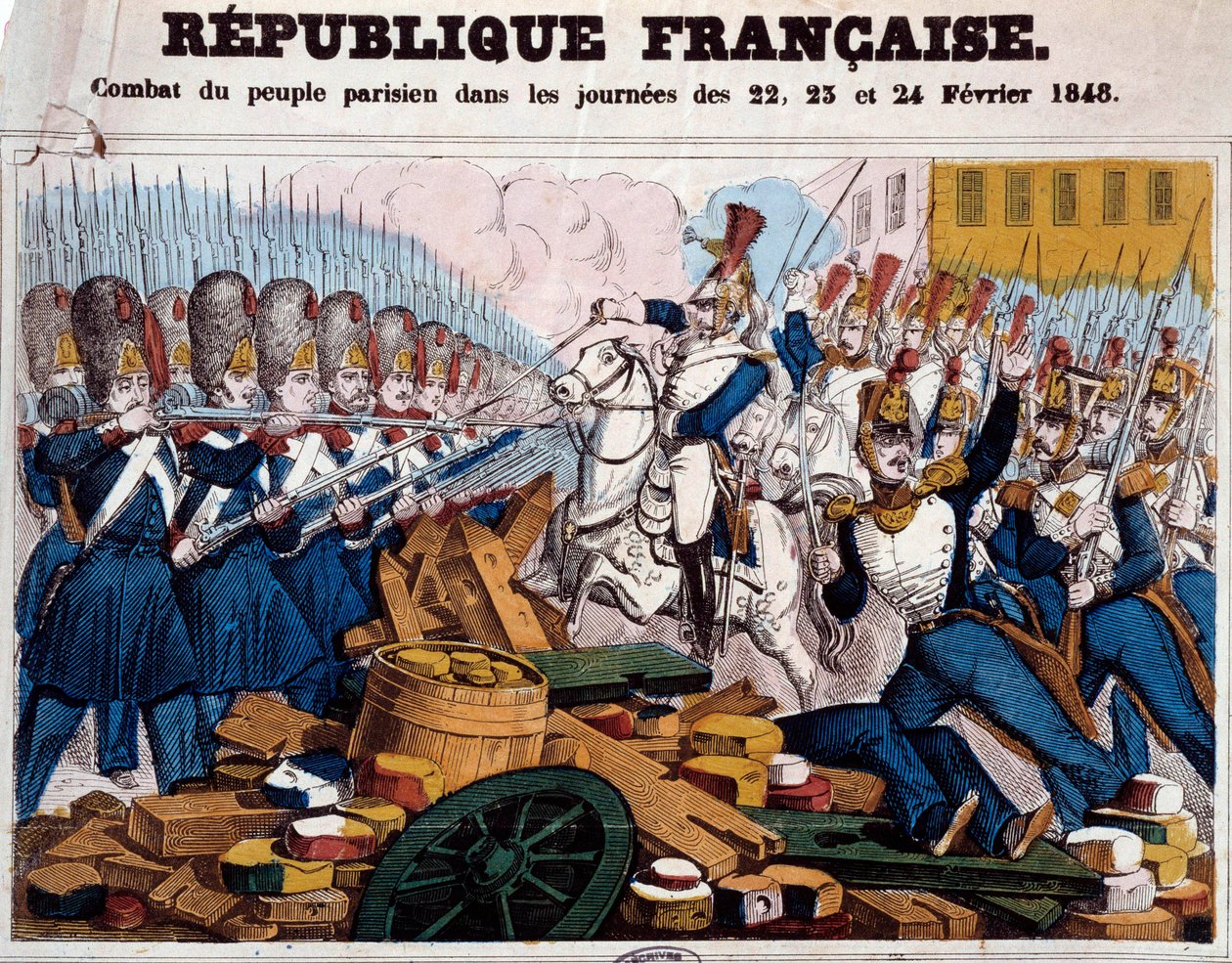 Revolusjonen i 1848: det parisiske folkets kamp på barrikadene på dagene 22., 23. og 24. februar av French School