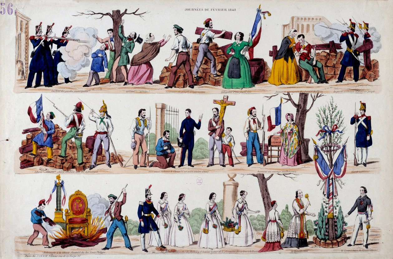Revolusjonen i februar 1848: de store øyeblikkene av opprøret 23. februar, barrikadene, deretter forbrødringen mellom soldater, arbeidere og borgerlige, ødeleggelsen av symbolene på makten til Louis Philippe I (Louis-Philippe) og til slutt av French School