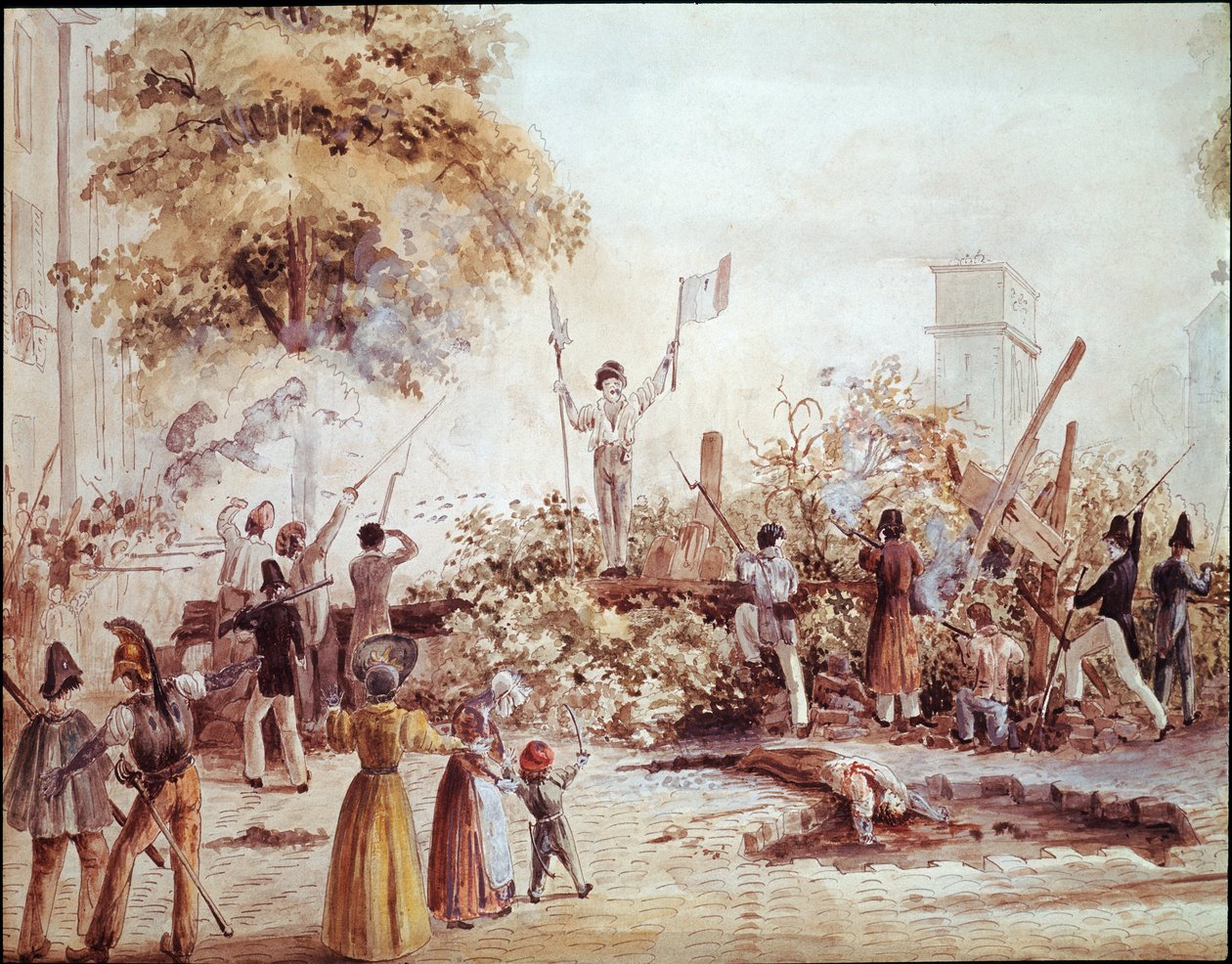 Julirevolusjonen i Paris - Barrikaden i Boulevard Saint Martin 1. august (akvarell, ca. 1830) av French School