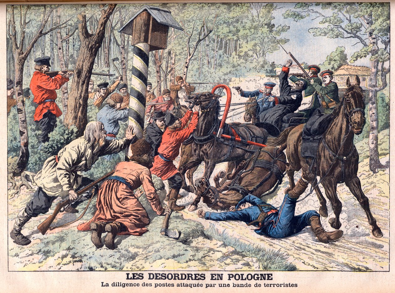 Revolutionary in Poland - Terrorists attacking a mail coach in Poland. The desorders in Poland. Diligence of the posts attacked by a gang of terrorists. Illustration for Le petit Journal av French School