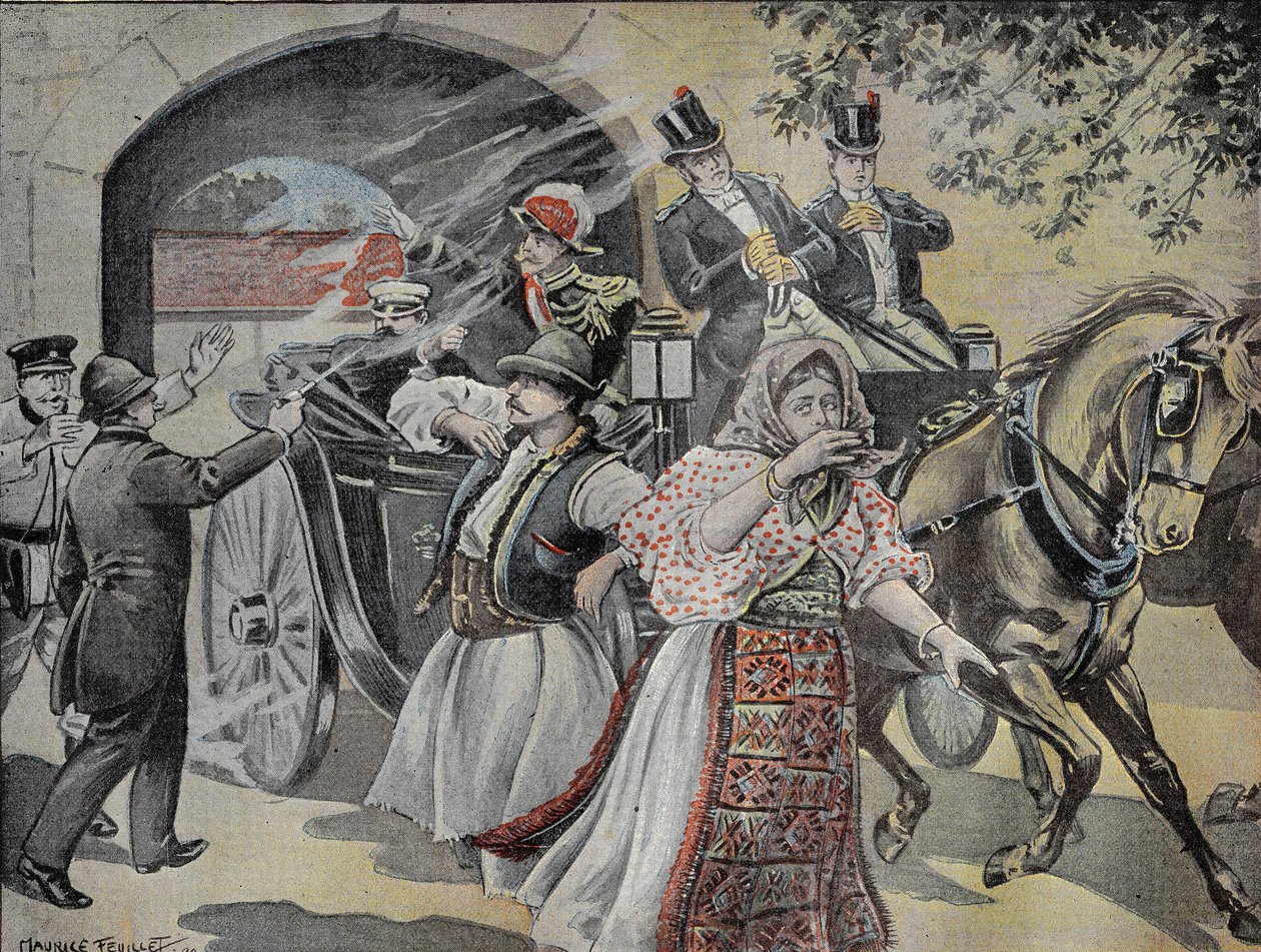 Revolverangrep på Milan Obrenovich (1854-1901) tidligere konge av Serbia (1882 til 1889) 7. juli 1899 i Sofias gater. Gravering i "" Le Pelerin"" 23.07.1899. av French School