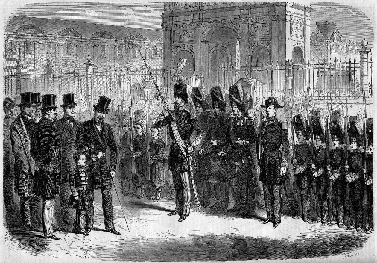 Revue des pupils de la garde imperiale av den keiserlige prinsen, Napoleon Eugene Louis Jean Joseph Bonaparte (1856-1879), sønn av Napoleon III, 15. februar av French School