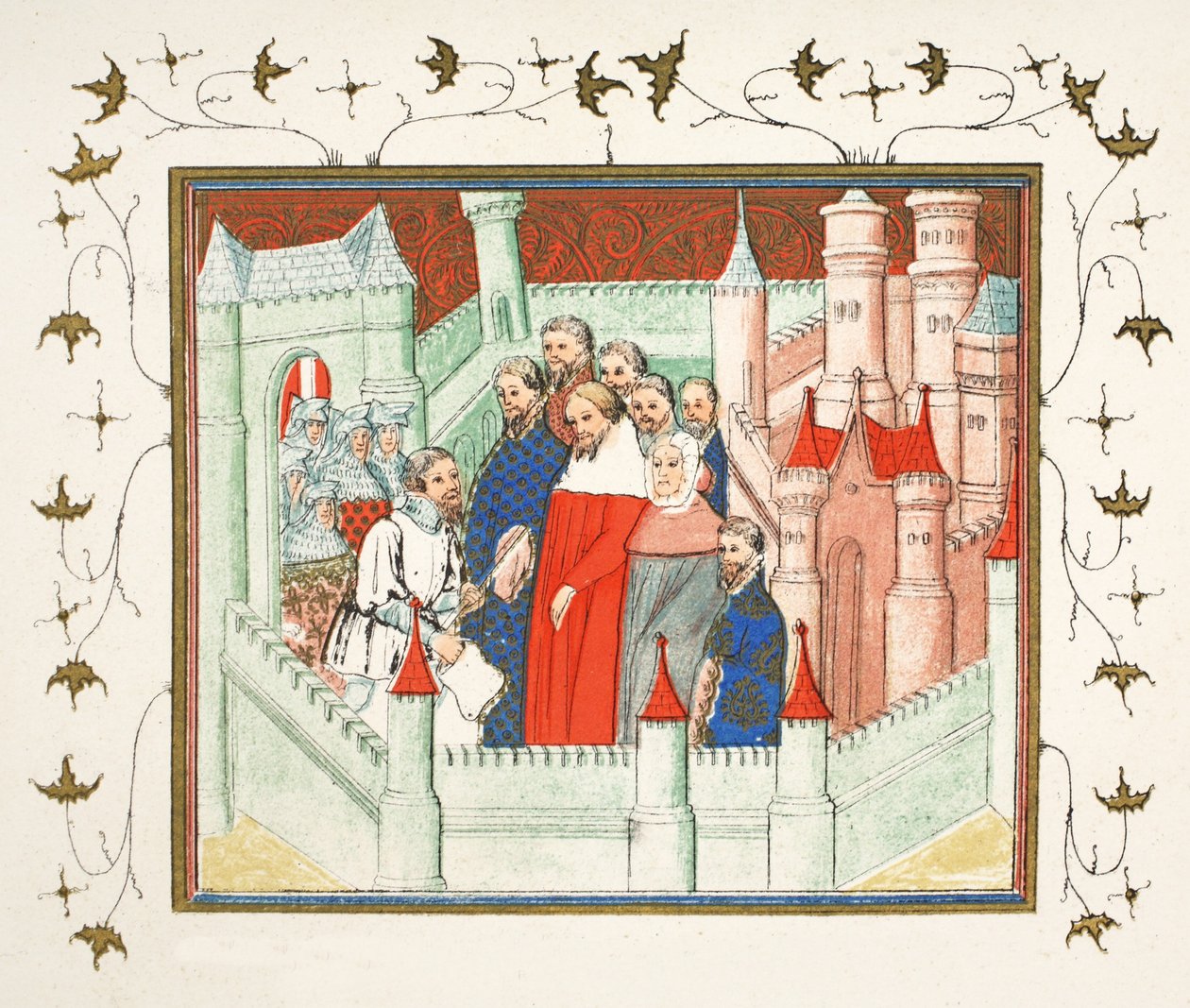 Richard II på Flint Castle hvor han ble levert fange til Bolingbroke, hans rival til tronen, faksimilekopi fra Le Prinse et Mort du Roy Richart av Jean Creton, gjengitt 1800-tallet (farge) av French School