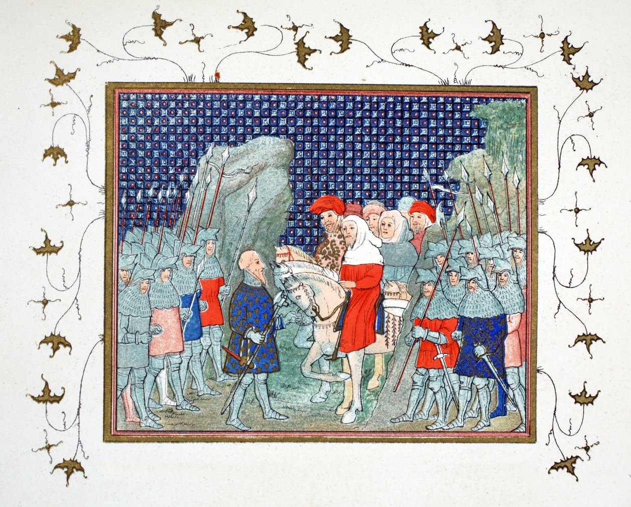 Richard II forrådt på Penmaur Rhos og tatt til fange av hertugen av Northumberland, faksimilekopi fra Le Prinse et Mort du Roy Richart av Jean Creton, gjengitt 1800-tallet av French School