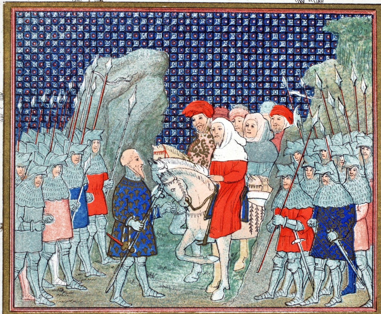 Richard II forrådt på Penmaur Rhos og tatt til fange av hertugen av Northumberland, faksimilekopi fra Le Prinse et Mort du Roy Richart av Jean Creton, gjengitt 1800-tallet av French School