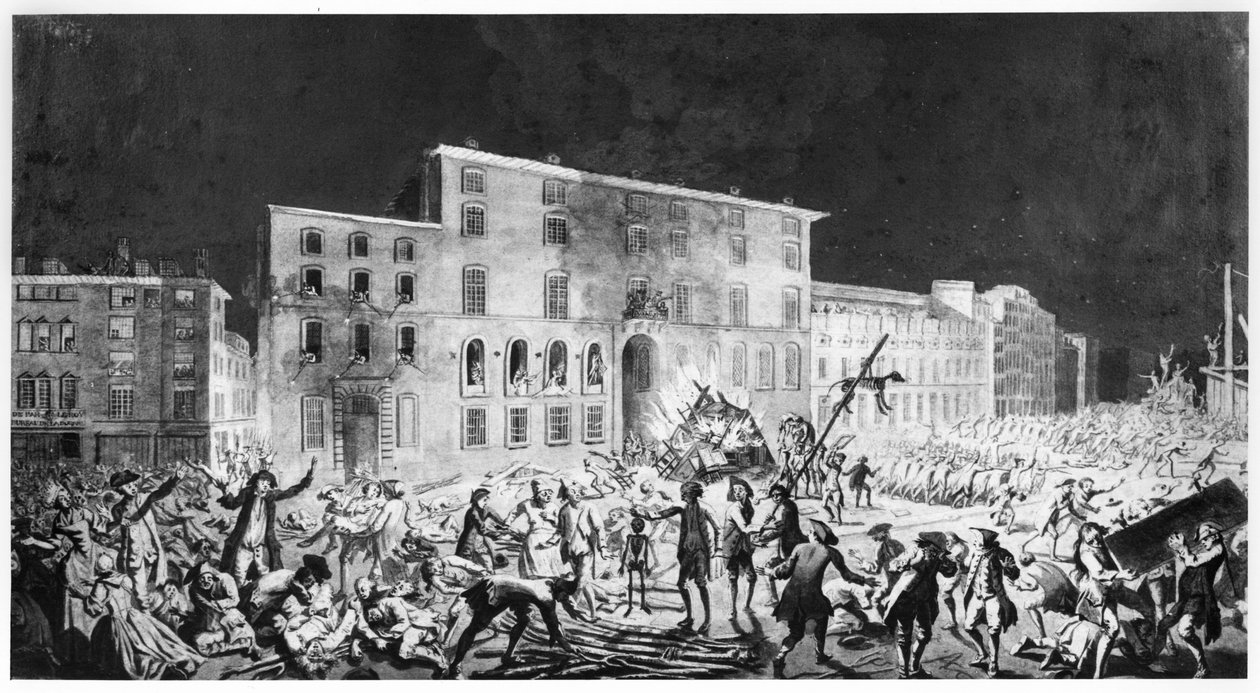 Opprør i Lyon, 27. november 1768 (blekk og vask på papir) av French School