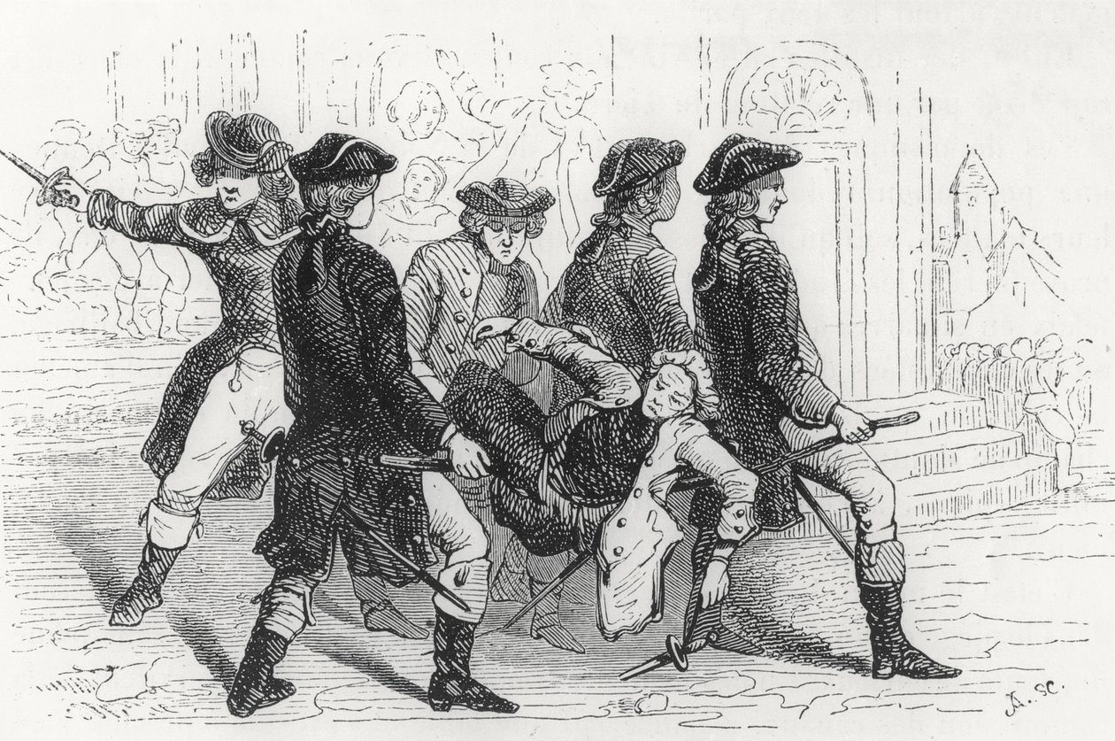 Opprør i Rennes, såret gentleman, illustrasjon fra Bretagne og Vendee, History of the Revolution in the West av Pitre-Chevalier (1812-63) utgitt av W. Coquebert 1845-48 av French School