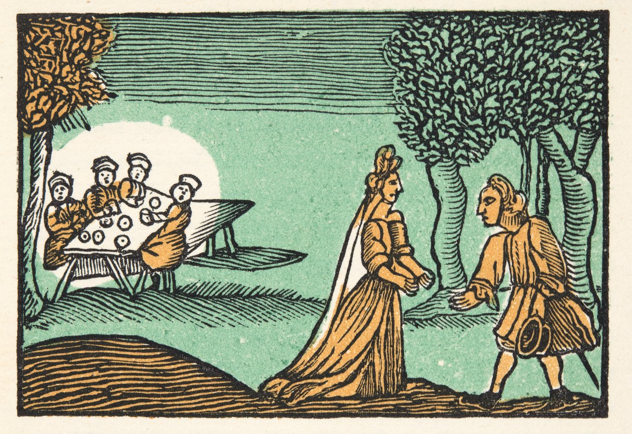 Riquet with the Tuft, fra Histories or Tales of Past Times fortalt av Mother Goose, With Morals, av M Perrault, pub. 1925 (håndfarget treblokktrykk) av French School