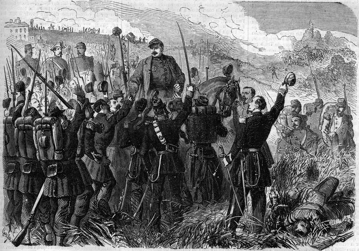 Risorgimento - Slaget ved Montebello della Battaglia (Italia), 21. mai 1859: Den franske generalen Elie Frederic Forey (1804 - 1872), sjef for den italienske hæren, ble triumfert av sine soldater etter hans seier over den østerrikske hæren. Gravering i ""  av French School