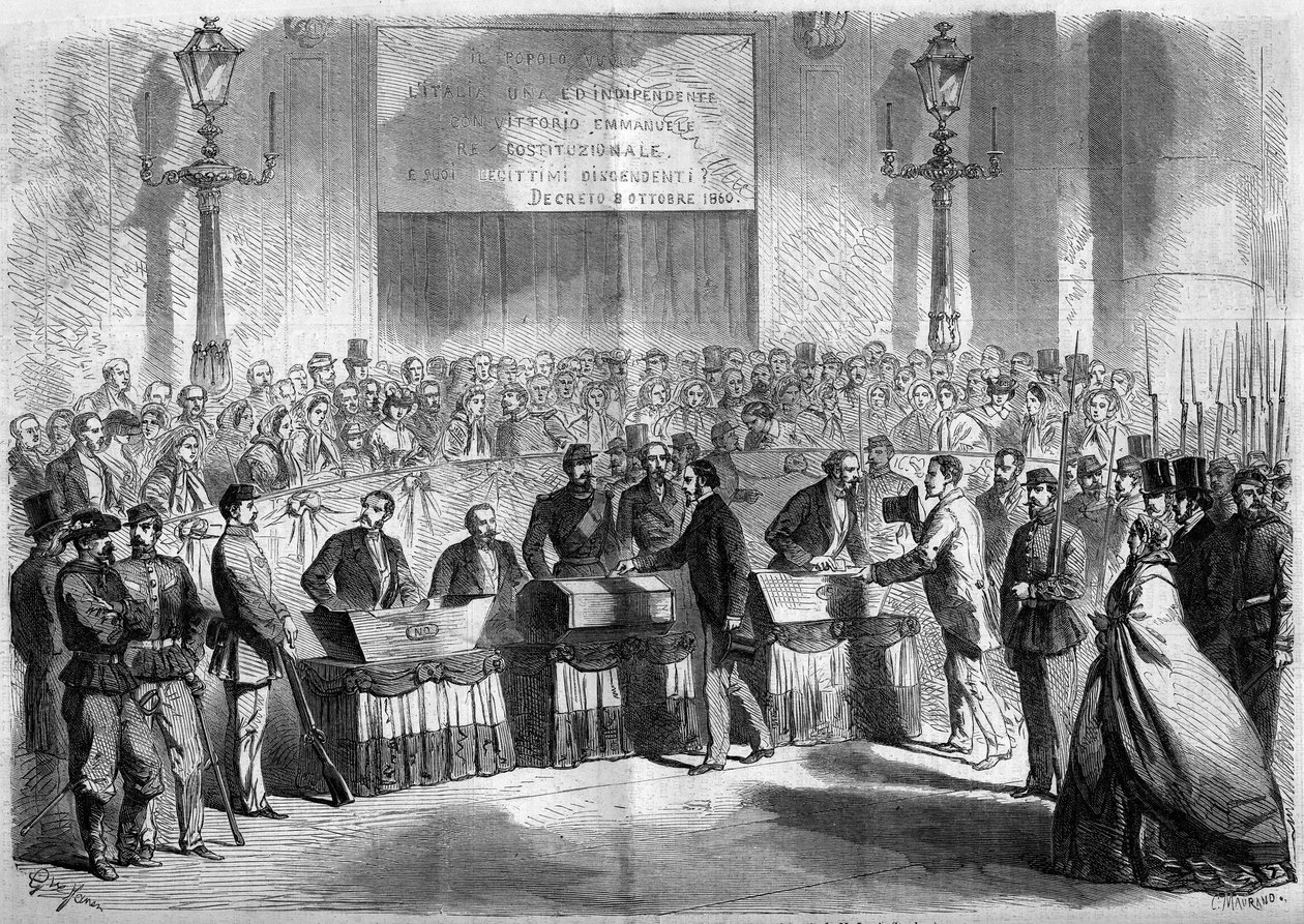 Risorgimento, Napoli, 21. oktober 1860: avstemning av befolkningen i kirken Saint Francois de Paule om byens tilknytning til kongeriket Italia. Gravering i "" Le Monde Illustré"" nr. 188 av 17. november 1860. av French School
