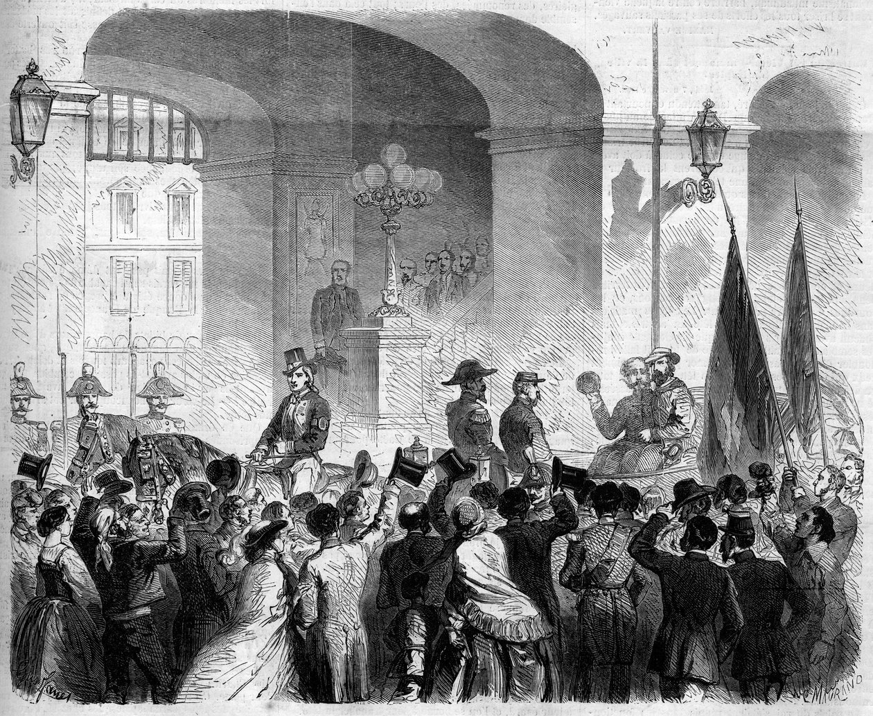 Risorgimento, Napoli, 7. november 1860: inngangen til Victor Emmanuel II (Victor-Emmanuel) (Vittorio Emanuele) (1820-1878), kongen av Italia, til det kongelige palasset i Napoli etter avstemningen fra befolkningen som godtok tilknytningen til Napoli til ko av French School