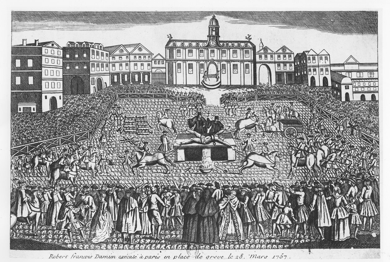 Robert-Francois Damiens henrettet på Place de Grève, Paris, 28. mars 1757 av French School