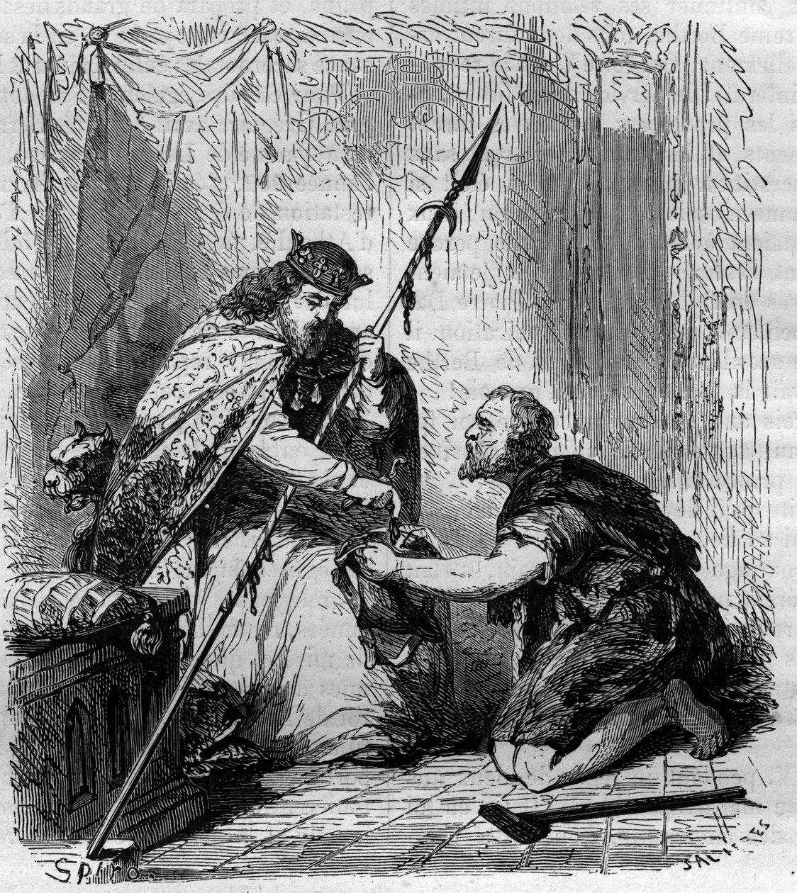 Robert II den fromme (972-1031), konge av Frankrike, distribuerte almoner. Gravering i "Historien om pavene-kongene-dronninger og keisere gjennom århundrene"" av Maurice Lachatre av French School
