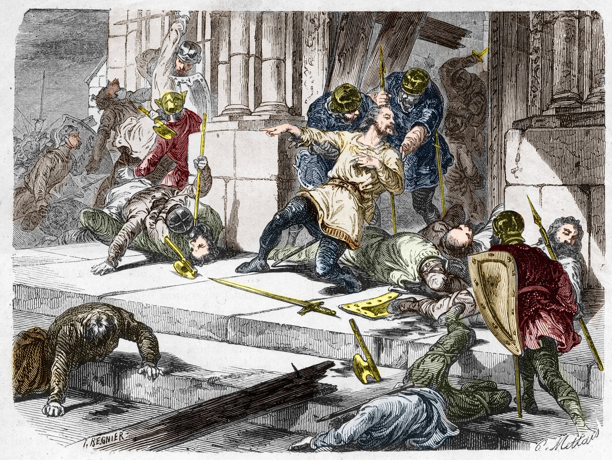 Robert the Fort døde (ca. 815-866), hertug av Frankrike, under slaget ved Brissarthe, i 866, og motarbeidet francene til en hær som kombinerte bretonsk og viking. Gravering i "" Histoire De France En Cent-malerier av Paul Lehugeur "" 1891 av French School