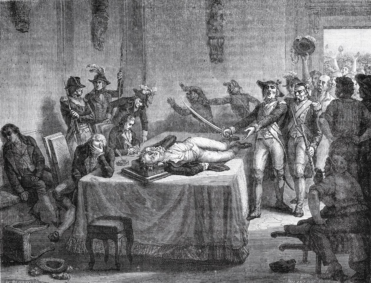 Robespierre venter på henrettelse etter å ha skutt seg selv i kjeven i 1794 av French School