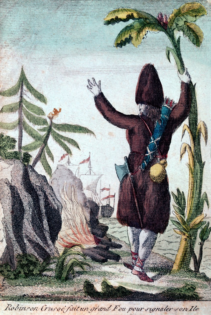 Robinson Crusoe lager bål for å trekke oppmerksomhet til øya hans, Imagerie Basset (fargegravering) av French School