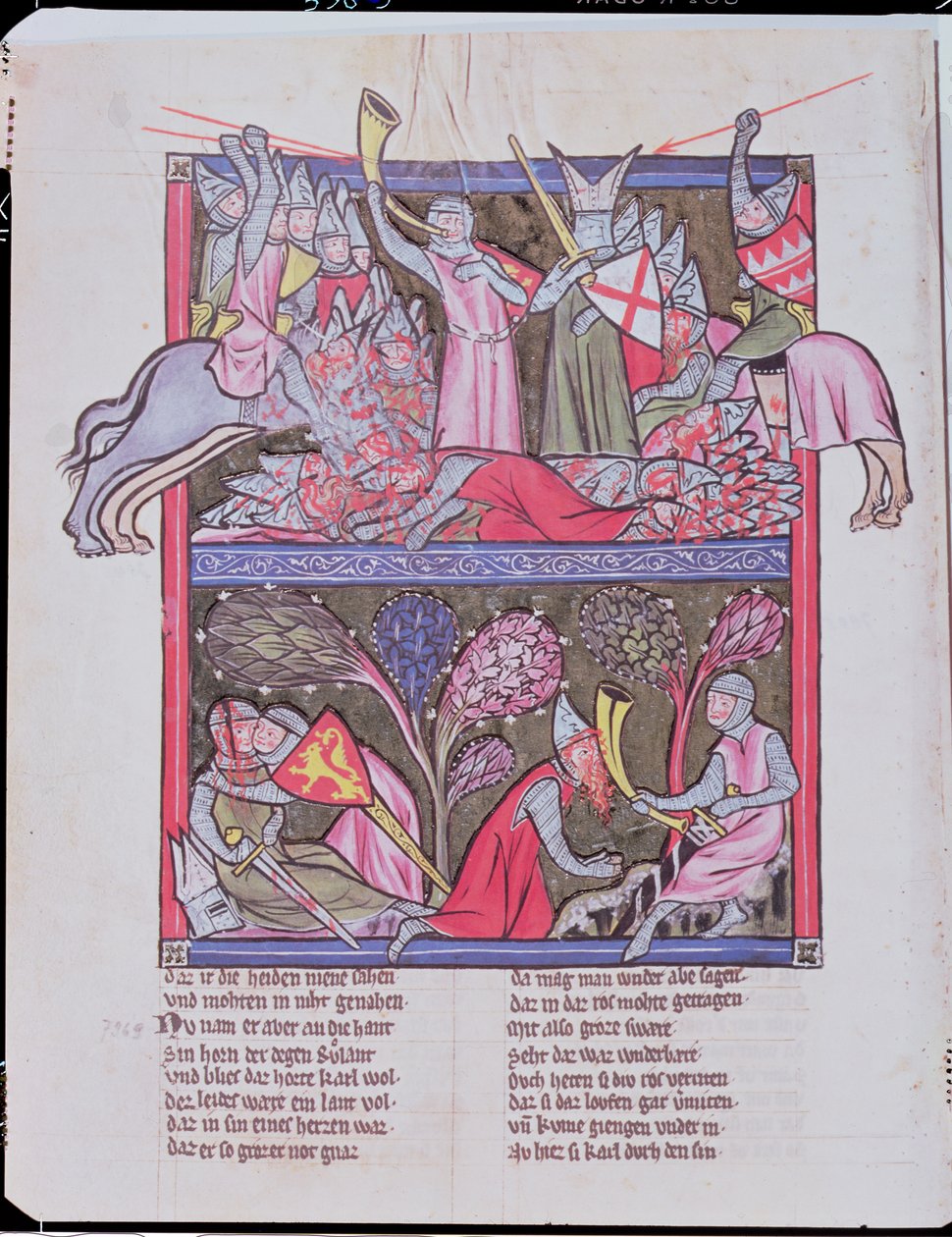Roland blåser i hornet ved Roncevaux, illustrasjon fra Le Chanson de Roland, kopi av et originalmanuskript bevart i Saint-Gall i Sveits av French School