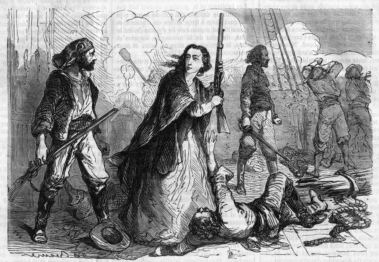 Roman serial: “” Memorials of Joseph Garibaldi”” by Alexandre Dumas (1802-1870). Anita Garibaldi (1821-1849), wife of Giuseppe Garibaldi, taking part in the battle, with a rifle in hand. Engraving in “” Les bons romances”” av French School