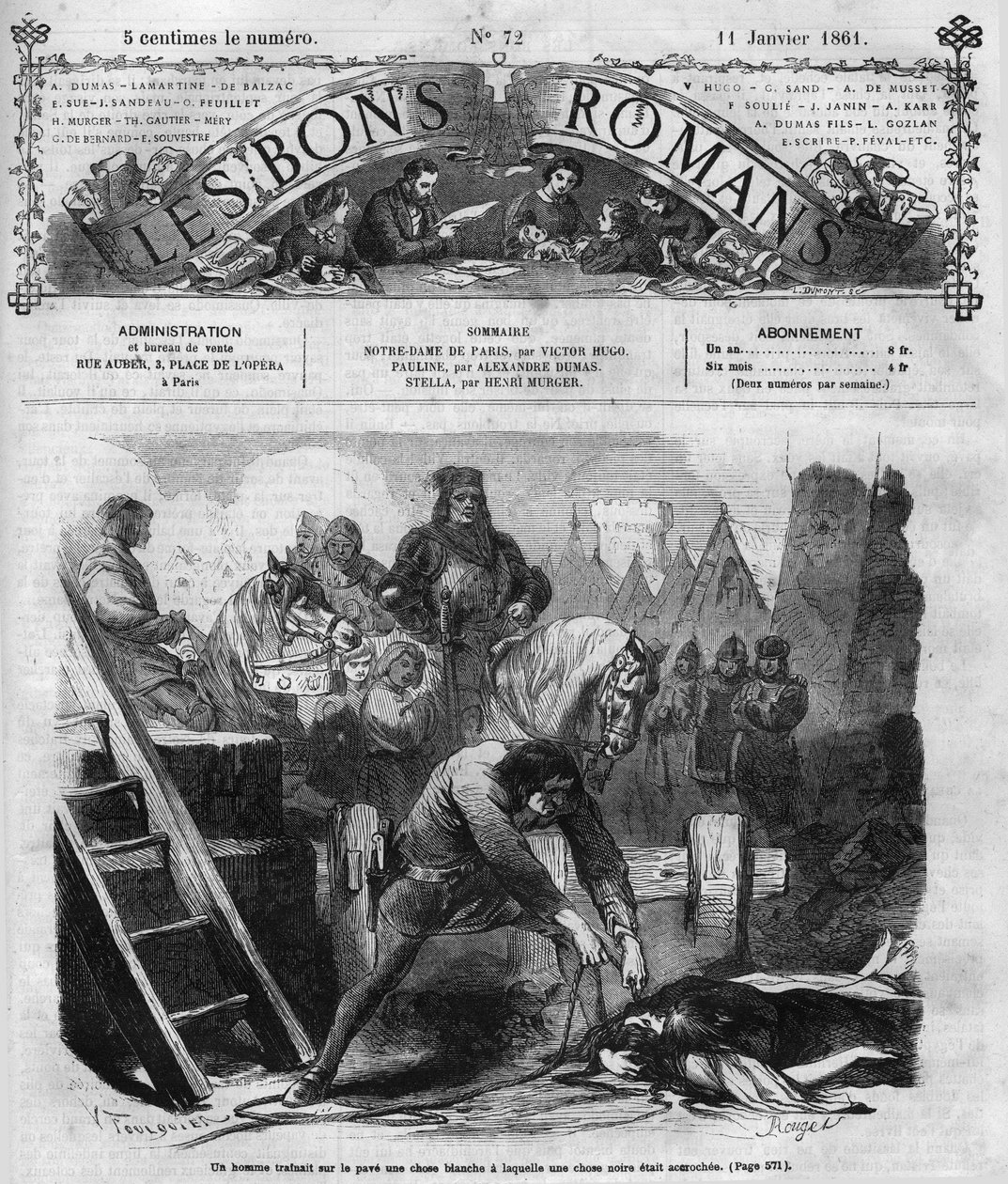 Romersk serie: "" Notre Dame de Paris"" av Victor Hugo (1802-1885). En mann drenerer to kvinner på broen. Gravering i "" Les bons romances"" av French School