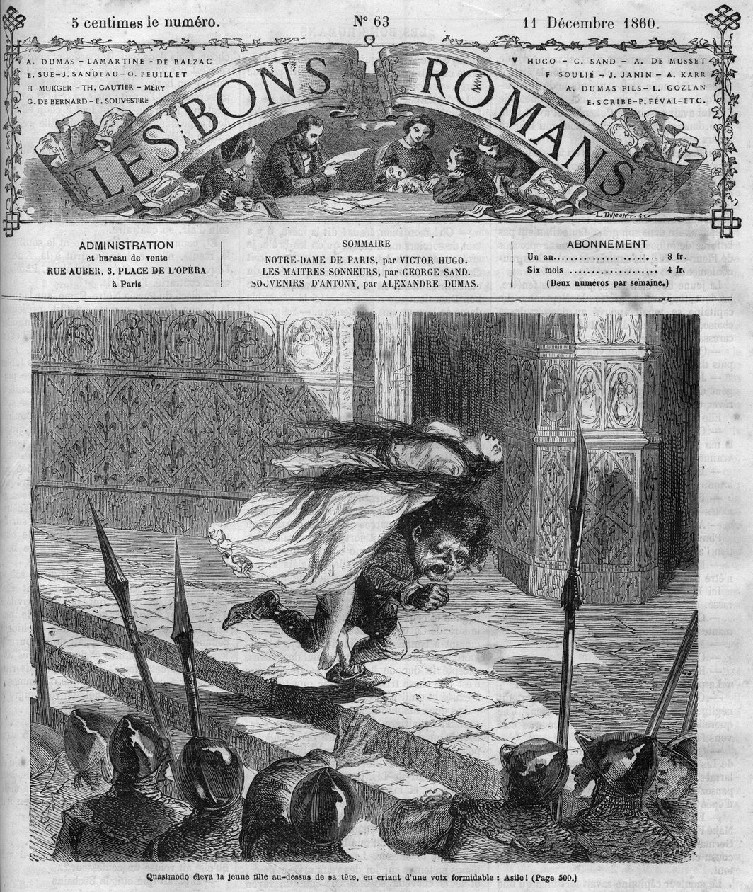 Romersk serie: "" Notre Dame de Paris"" av Victor Hugo (1802-1885). Quasimodo og Esmeralda. Gravering i "" Les bons romances"" av French School