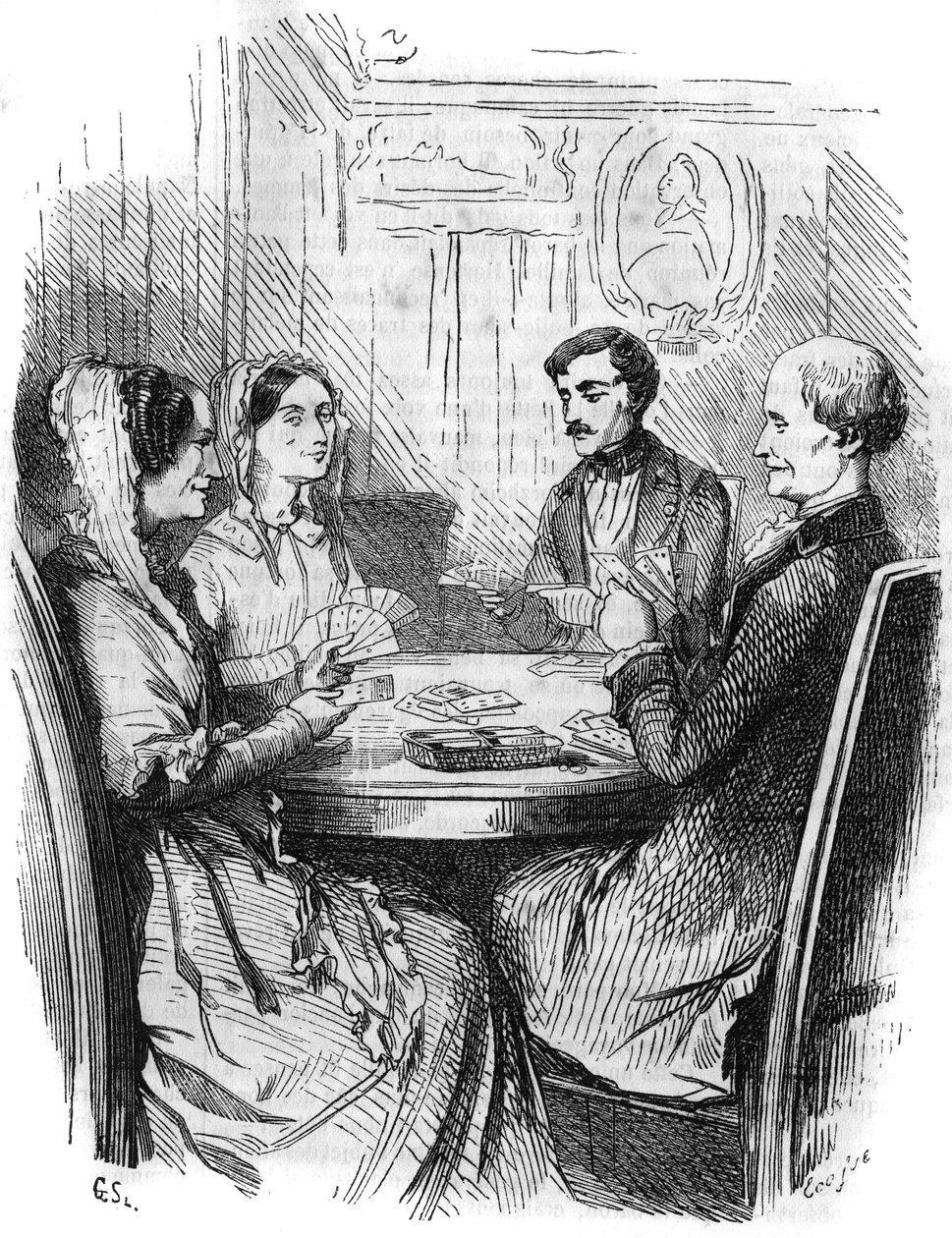 Romersk serie: "" Greven av Monte Cristo"" (Monte-Cristo) av Alexandre Dumas (1802-1870). Et kortspill mellom fire karakterer. Gravering i "" Les bons romances"" av French School