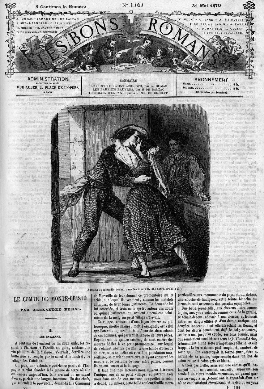 Romersk serie: "" Greven av Monte Cristo"" (Monte-Cristo) av Alexandre Dumas (1802-1870). Sexscene mellom Edmond Dantes og Mercedes. Gravering i "" Les bons romances"" av French School