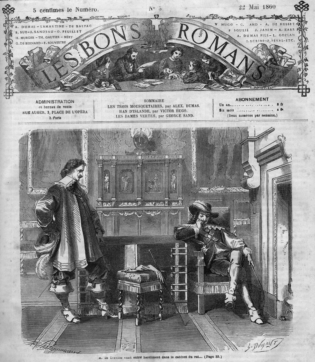 Romersk serie: «De tre musketerer» av Alexandre Dumas (1802-1870). Monsieur de Treville vender frimodig tilbake til kongens kontor. Gravering i "" Les bons romances"" av French School
