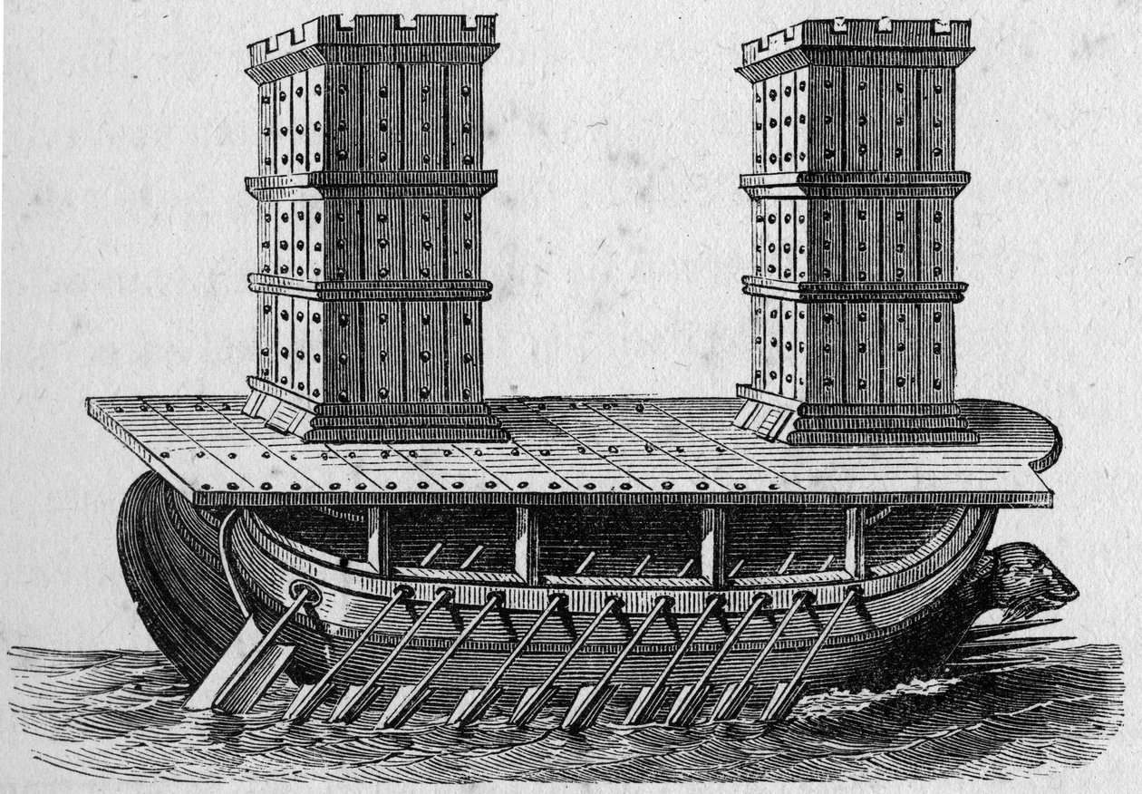 Romersk skip et tårn. Gravering i «La Marine et les colonies: handel av French School