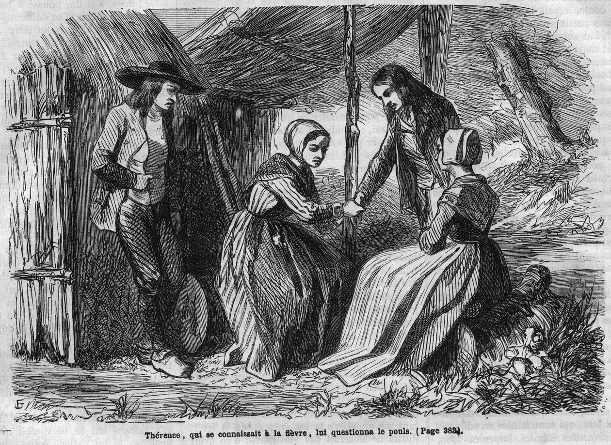 Romersk såpeopera: "" The Master Ringers"" av George Sand (Aurore Dupin, Baroness Dudevant) (1804-1876). Theres tar kyllingen. Gravering i "" Les bons romances"" av French School