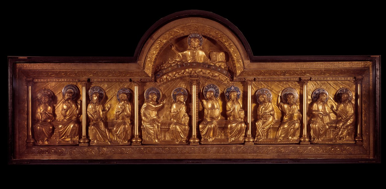 Romansk kunst: altertavle av Pentecote: antependium i tre, kobber og emalje. Fra Stavelot (Meuse) Rundt 1160-1170. Paris, Nasjonalmuseet for middelalderen, Thermes de Cluny av French School