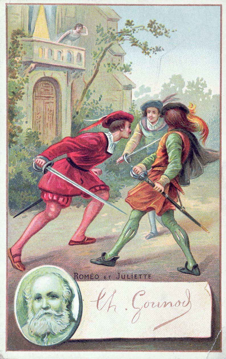 Romeo kjemper mot Tybalt i Gounods opera Romeo og Julie tilpasset fra stykket av William Shakespeare (1564-1616) av French School